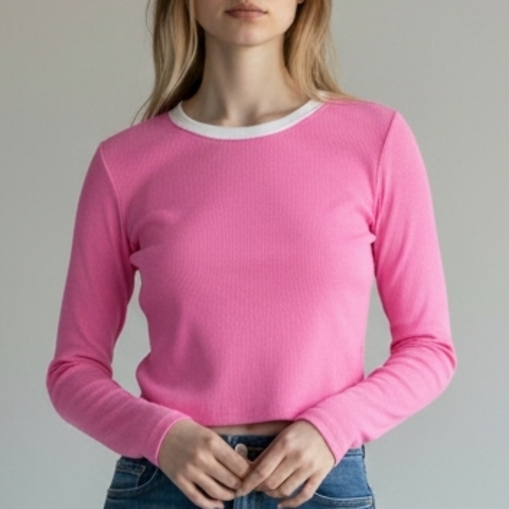 SKIMS Pink Ribbed Long Sleeve Crew with White Neck Trim
